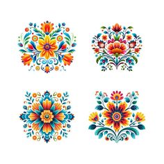 four different colored designs on white paper with blue, orange and red flowers in the center