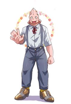 the character is wearing overalls and holding his hand up in front of him, with flowers