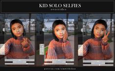 the girl is wearing a sweater and pointing to her left side with three different angles