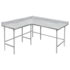 two stainless steel tables with white tops on each side, one is empty and the other has