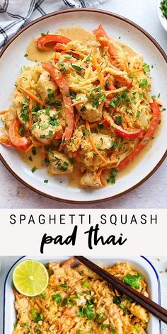 two plates with food on them and the words spaghetti squash pad thai in white letters