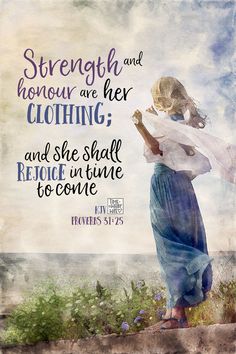 a woman in a blue dress with a bible verse on her chest and the words strength and