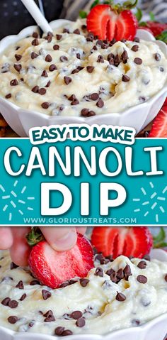 this easy to make cannoli dip is loaded with chocolate chips and strawberries