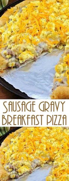 sausage and gravy breakfast pizza is shown in two separate pans with the same topping