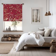 a bed with white sheets and pillows in front of a window covered in red roman shades