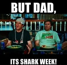 two men sitting down with plates of food in front of them that says, but dad, it's shark week