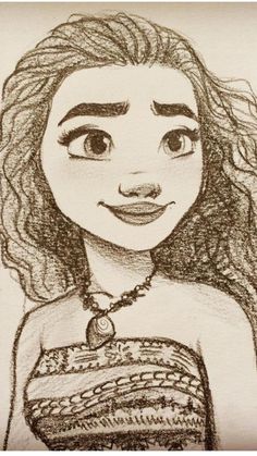 a drawing of a girl with long hair and big eyes, wearing a beaded dress