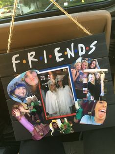 a group of friends hanging from the side of a car with pictures attached to it