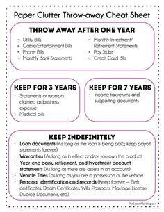 Read tips and download a printable PDF version of this cheat sheet at The Soccer Mom. Paper Clutter, Organize Declutter, Documents Organization, Home Office Organization, Paper Organization