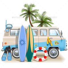 a van with surfboards, life preserver and palm trees on the beach next to it