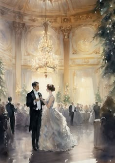 a painting of a bride and groom dancing in front of a christmas tree at a ballroom