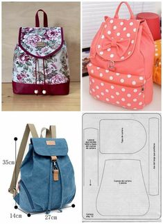 three different types of backpacks and one with polka dots on the front, two are shown