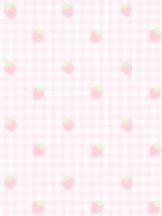 a pink and white checkered wallpaper with strawberrys on it's side