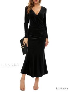 Lasaky - Stylish V-neck Solid Evening Dress for Women, Long Sleeve Stretchy Party Dress, Womens Sophisticated Attire Fishtail Midi Dress, Midi Dress For Women, Emerald Green Dresses, 파티 드레스, Dress Occasion, Custom Size Dresses, Maxi Dress Cocktail, Wedding Formal, Evening Wedding