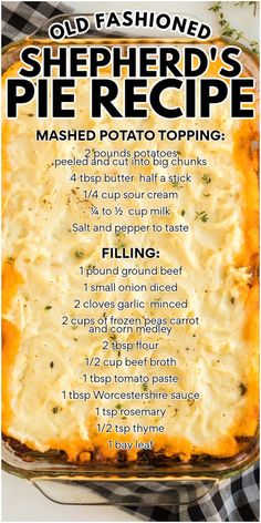 the recipe for shepherd's pie is shown on a plate with a checkered table cloth