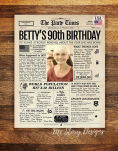 an old newspaper with the words betty's 90th birthday on it