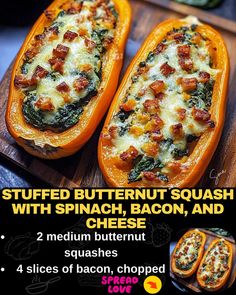 Stuffed Butternut Squash with Spinach, Bacon, and Cheese Stuffed Butternut Squash Spinach Bacon And Cheese, Butternut And Spinach Recipes, Butternut Squash Spinach Recipes, Sausage Stuffed Butternut Squash Recipes, Butternut Squash With Spinach, Butternut Squash Bacon, Hamburger Potato Soup