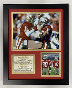 an autographed photograph of joe montana and jerry rice is displayed in a frame