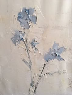 a painting of flowers in a vase on a white wall with peeling paint over it