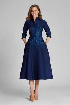 Taffeta Eyelet Collar and Sleeve Shirt Dress | Teri Jon – Terijon.com Lace Tea Length Dress, Structured Dress, Teri Jon, Engagement Parties, Trendy Dress Outfits, Shape Wear, Pattern Shirt, Dresses Royal, Dress Shirt Sleeves