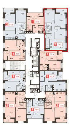 the floor plan for an apartment building with two floors and three levels, in red