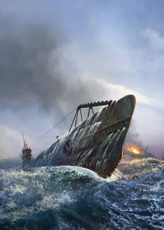 ArtStation - Uboot and the tsarist frigate, Aleksander Karcz Sea Motifs, Vintage Motorcycle Posters, Cutty Sark, Sea Theme