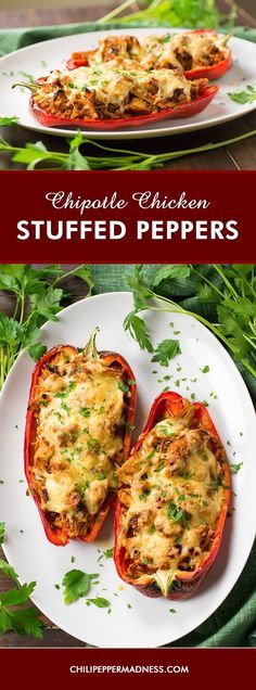 stuffed peppers on a plate with the title above it and an image of two different types of stuffed peppers