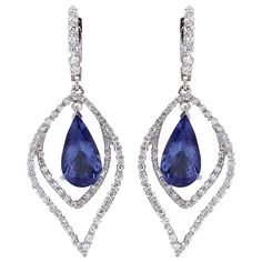 9.67 Carat Natural Tanzanite 14K White Gold Diamond Earrings - Fashion Strada Gold Diamond Drop Earrings, White Gold Diamond Earrings, Pave Diamond Earrings, Tanzanite Jewelry, Tanzanite Earrings, Gold Luxury, Blue Tanzanite, Gold Diamond Jewelry, Gold Diamond Earrings