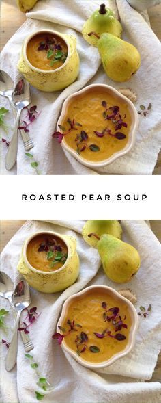 two pictures of bowls of soup with pears on the side