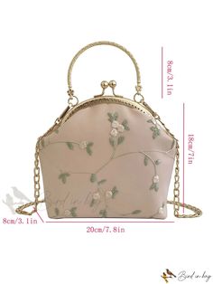 Bird in Bag - Floral Embroidered Lock Chain Satchel Elegant Embroidered Summer Bags, Spring Party Bag With Floral Embroidery, Spring Party Bags With Floral Embroidery, Chic Embroidered Summer Bags, Spring Embroidered Bag, Embroidered Evening Bag For Summer, Elegant Spring Bags With Chain Detail, Gold Bags With Chain Strap For Spring, Lock Chain