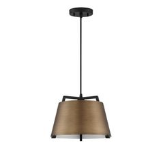 a light fixture with a brown shade on the bottom and black metal frame around it