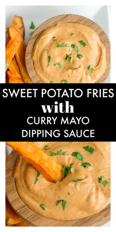 sweet potato fries with curry mayo dipping sauce in a wooden bowl on a white plate