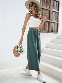 Green Casual Collar   Plain  Embellished Non-Stretch  Women Clothing Outfit For Tomorrow, Europe Outfit Ideas, Outfit Ideaa, Shein Wishlist, Modest Summer Fashion, Lace Trim Cami Top, Wide Leg Pants Outfits, Rosa Coral, Crop Cami Top