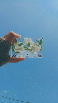 a person holding up a piece of clear plastic with flowers on it in front of a blue sky