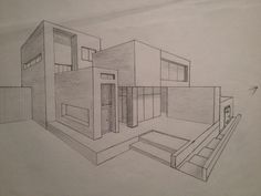 a drawing of a house with stairs leading up to it