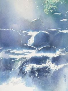 watercolor painting of rocks and trees in the middle of a river with sunbeams