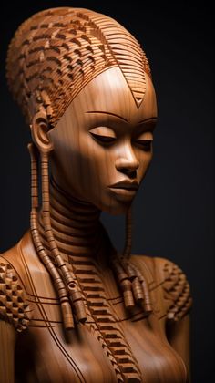 a wooden sculpture of an african woman with braids on her head and eyes closed