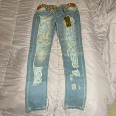 Low Rise Skinny Jeans Distressed Beaded It Was A Gift From Turkey The Waist Is A Little Loose And It’s Tight For My Thigh For My Body Light Wash Blue Casual Embellished Fitted Bottoms, Embellished Fitted Casual Bottoms, Casual Fitted Bottoms With Rhinestones, Fitted Casual Bottoms With Rhinestones, Casual Fitted Rhinestone Bottoms, Casual Fitted Jeans With Rhinestones, Fitted Casual Jeans With Rhinestones, Casual Rhinestone Jeans, Plum Jeans