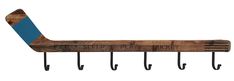 a wooden coat rack with three hooks and a blue strip hanging from the front, on a white background