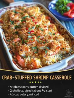 the recipe for crab - stuffed shrimp casserole is shown in this advert