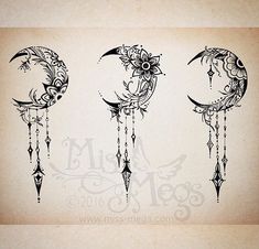 three phases of the moon with stars and crescents on them, all drawn in black ink