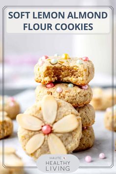 soft lemon almond flour cookies stacked on top of each other with the title above it