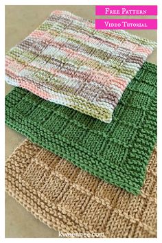 three knitted dishcloths sitting on top of each other in different colors and patterns