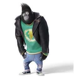 a gorilla in a green shirt and jeans standing with his hands in his pockets while wearing a black leather jacket