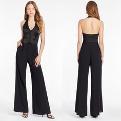 Brand New Without Tag. Sleek And Sophisticated, This Halter Jumpsuit Is Designed With Satiny Accents And Wide Legs. Zip Fly With Hook-And-Bar Closure; Front Button Closure Halter V-Neck Partially Lined 100% Polyester Dry Clean Elegant V-neck Cocktail Jumpsuits And Rompers, Elegant Fitted V-neck Jumpsuits And Rompers, Elegant V-neck Evening Pantsuit, Elegant Tailored Pantsuit For Party, Tailored Evening Bottoms For Summer, Summer Formal Fitted Pantsuit, Elegant Fitted Jumpsuits And Rompers For Party, Elegant Fitted Bottoms For Evening, Elegant Fitted Summer Pantsuit