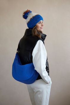 Color: Blue One Size Acrylic Made In China Vegan 06-Am-019 Color Block Beanie, Cute Winter Hats, Beanie With Pom, Knitted Texture, Making People Happy, Zodiac Designs, Velvet Throw, Cold Weather Accessories, Pom Beanie