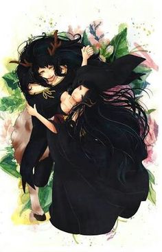 two women hugging each other in front of flowers and leaves, with one holding the other's head