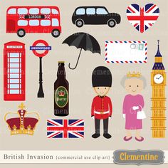 an image of british travel clipart with different things to see on the page and below it