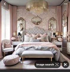 a bedroom decorated in pink and gold