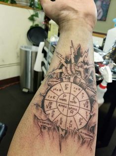 a man's arm with a wheel of fortune tattoo on it